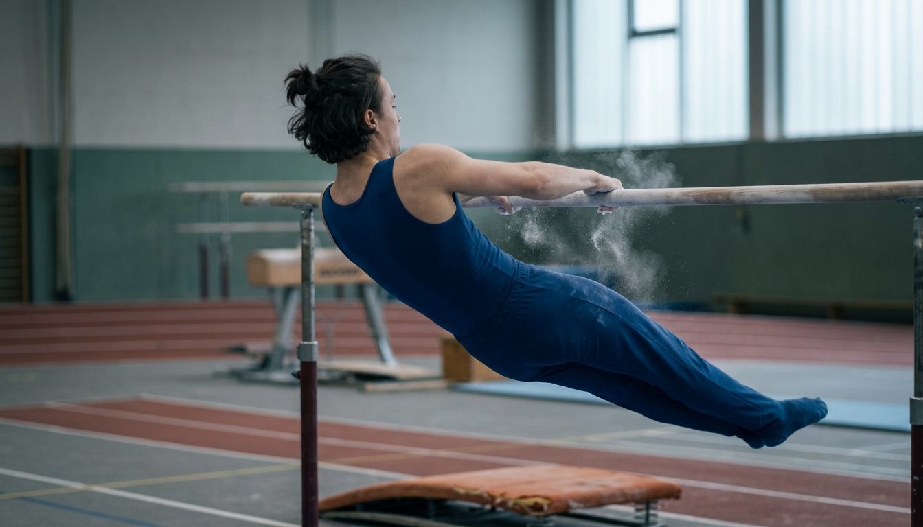 KI-generiertes Symbolbild: Athlet bei einer Übung am Reck, Thema Sporteignungstest Würzburg
