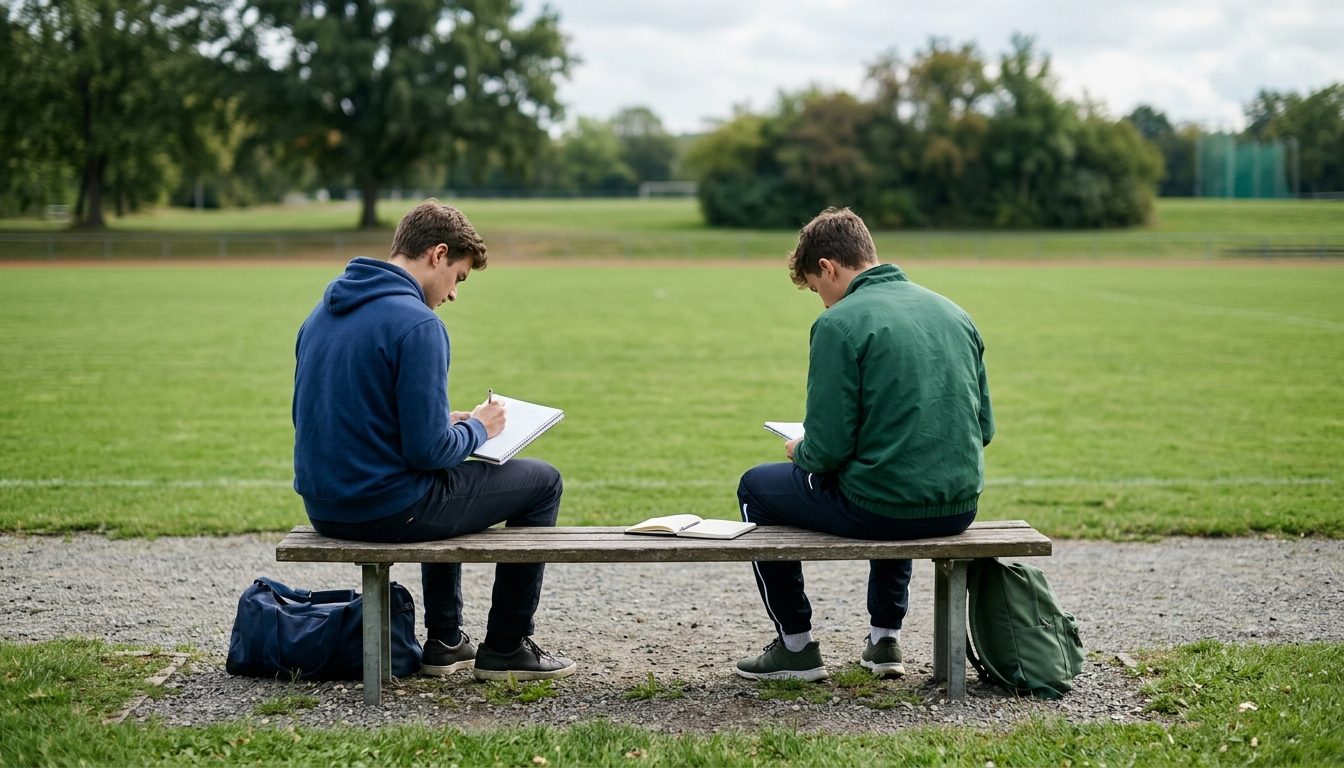 KI-generiertes Symbolbild: Zwei Studierende mit Notizbüchern am Campusrand, Thema Sporteignungstest Berlin (HU)