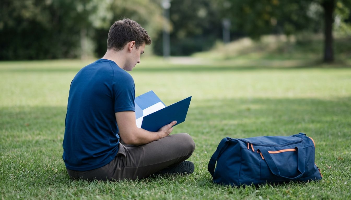 KI-generiertes Symbolbild: Studierende liest eine Mappe auf der Campuswiese, Thema Sporteignungstest Bremen
