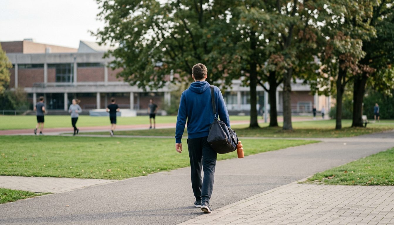 KI-generiertes Symbolbild: Studentin mit Sporttasche auf dem Campus, Thema Sporteignungstest TU Braunschweig