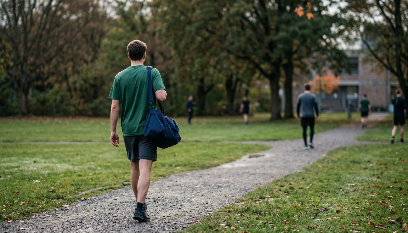 KI-generiertes Symbolbild: Studentin mit Sporttasche auf dem Campus, Thema Sporteignungstest Leuphana Uni Lüneburg