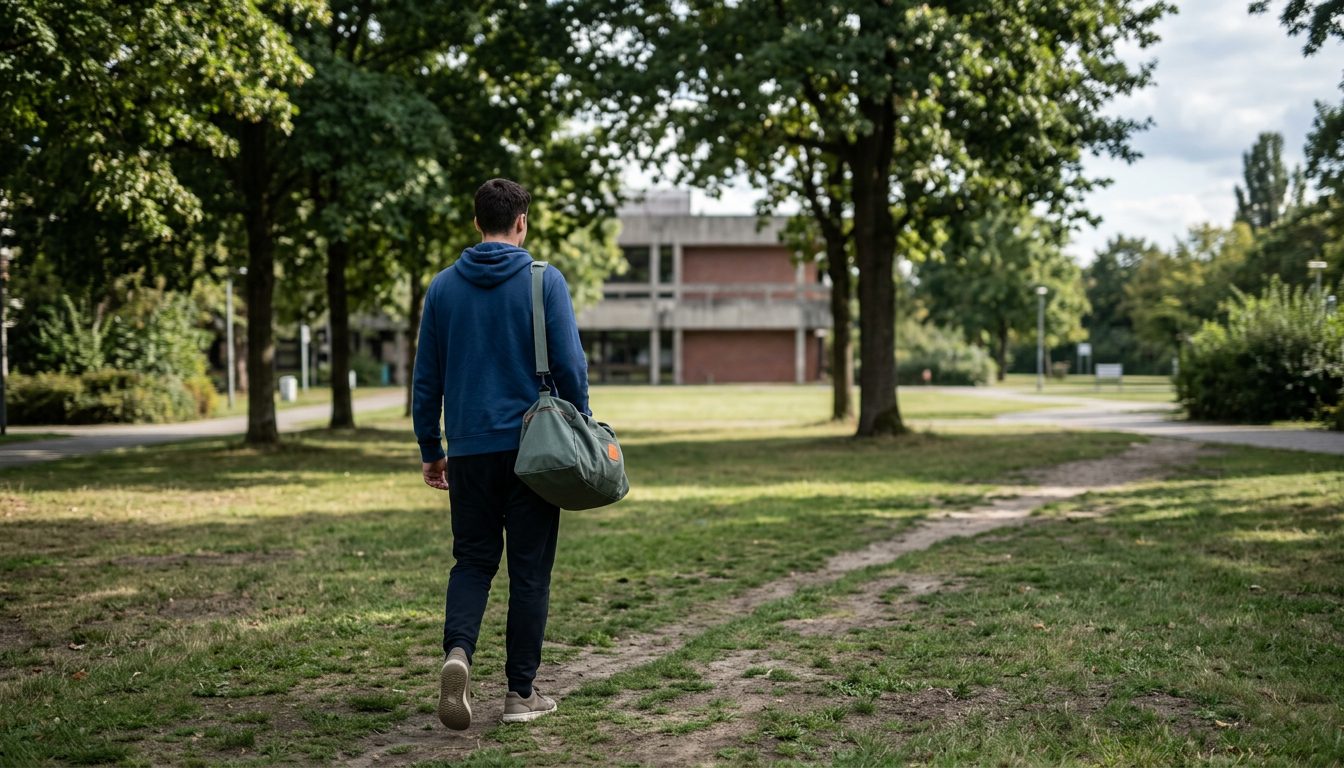 KI-generiertes Symbolbild: Studentin mit Sporttasche auf dem Campus, Thema Sporteignungstest TU Dresden