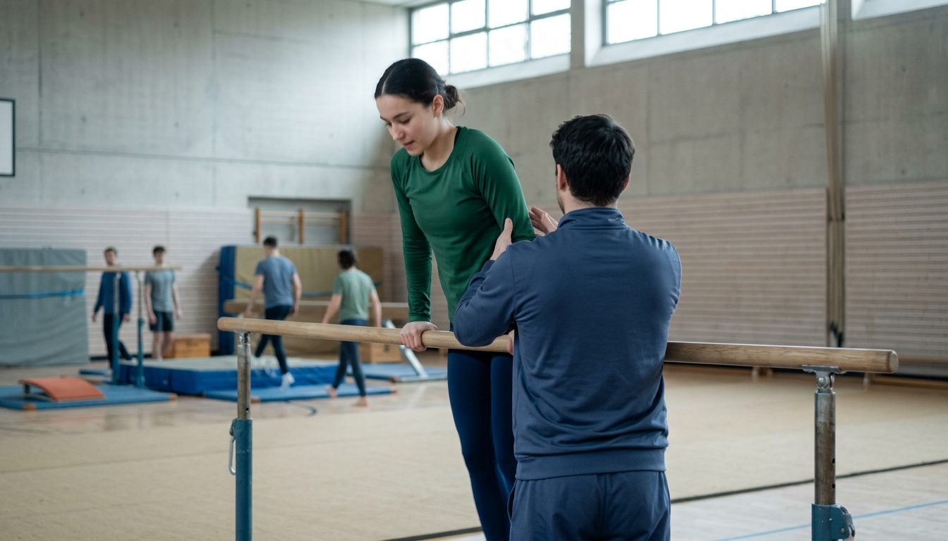 KI-generiertes Symbolbild: Übung am Reck in der Halle, Thema Sporteignungstest Friedrich-Schiller-Uni Jena