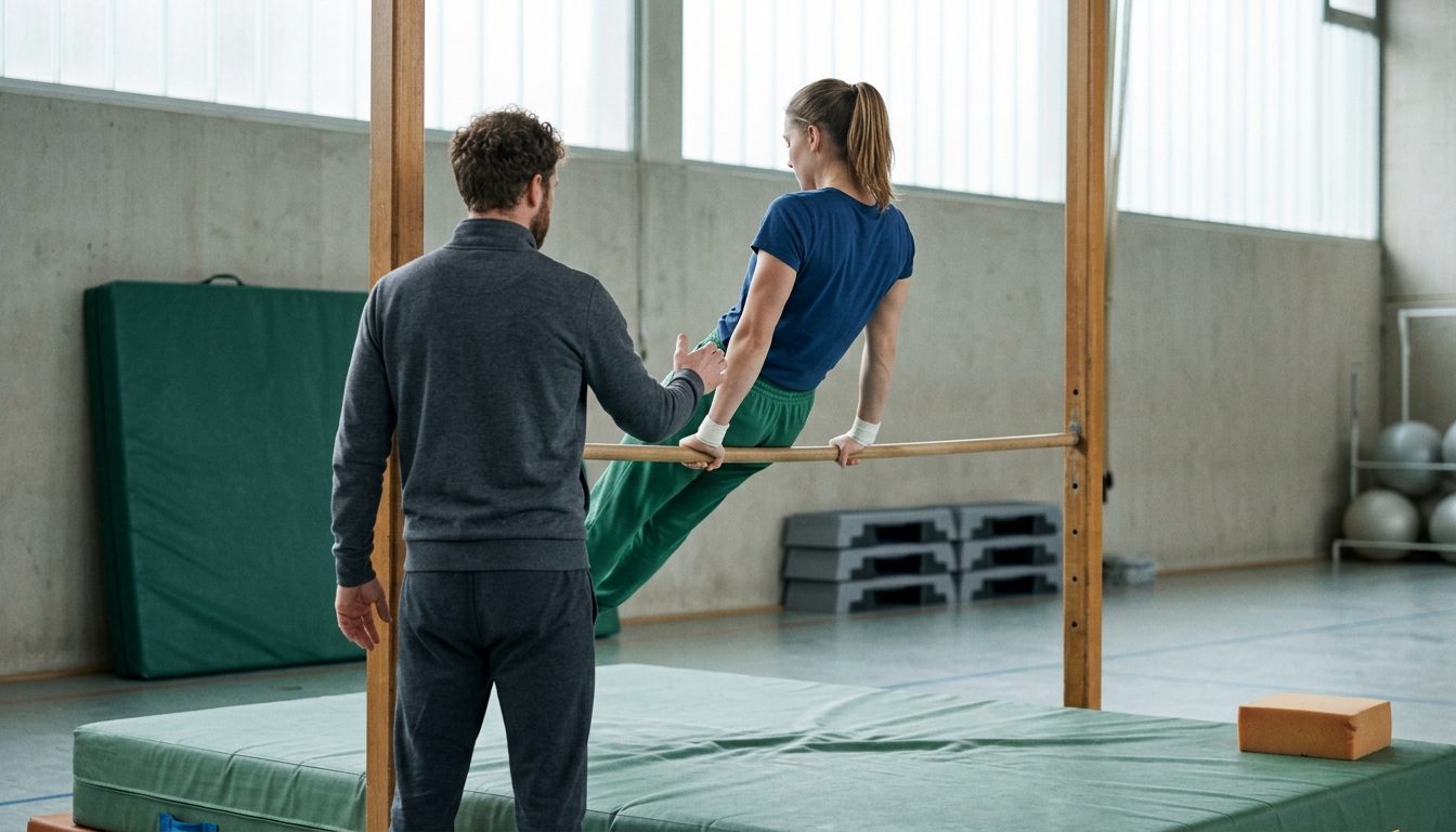 KI-generiertes Symbolbild: Übung am Reck in der Halle, Thema Sporteignungstest Uni Erfurt