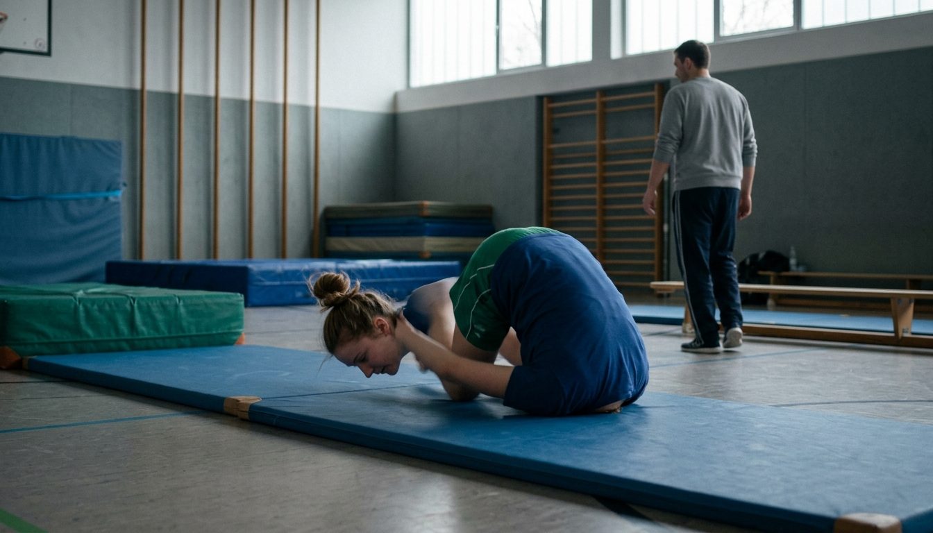 KI-generiertes Symbolbild: Bodenturnen auf der Matte, Thema Sporteignungstest Uni Rostock