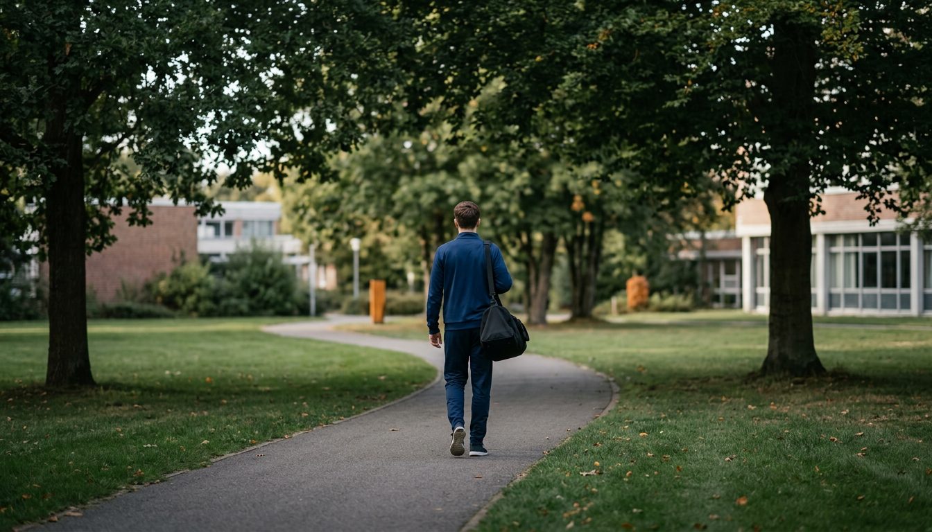 KI-generiertes Symbolbild: Studentin mit Sporttasche auf dem Campus, Thema Sporteignungstest Uni Greifswald