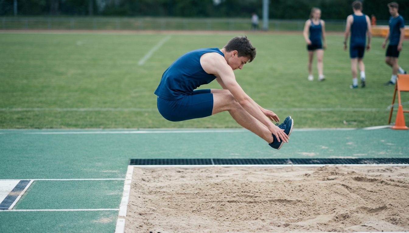 KI-generiertes Symbolbild: Weitsprung auf dem Sportplatz, Thema Sporteignungstest Uni Graz