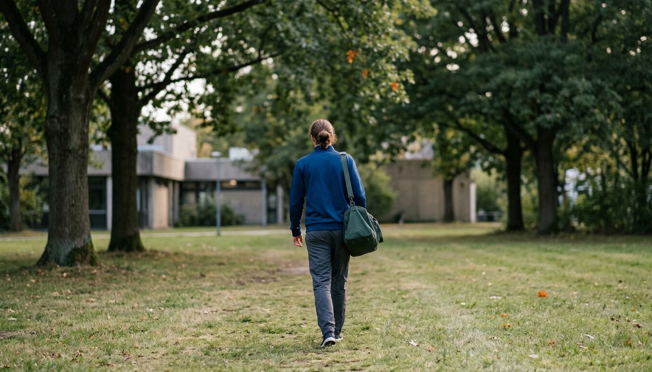 KI-generiertes Symbolbild: Studentin mit Sporttasche auf dem Campus, Thema Sporteignungstest Uni Innsbruck