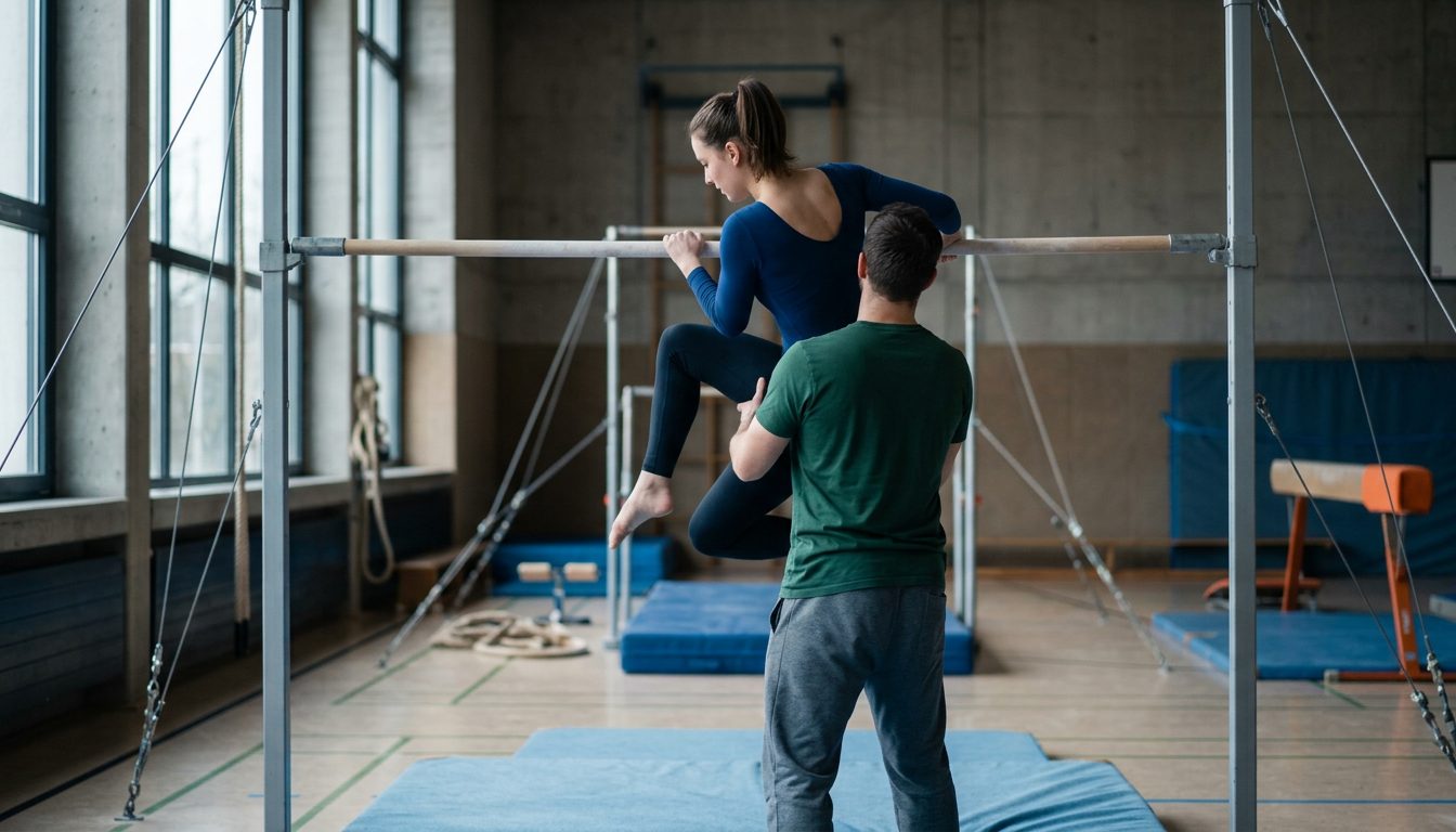 KI-generiertes Symbolbild: Übung am Reck in der Halle, Thema Sporteignungstest Uni Basel