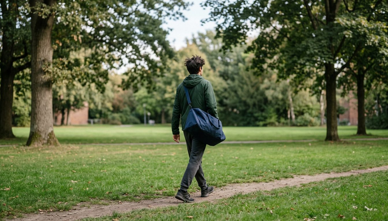 KI-generiertes Symbolbild: Studentin mit Sporttasche auf dem Campus, Thema Sporteignungstest ETH Zürich