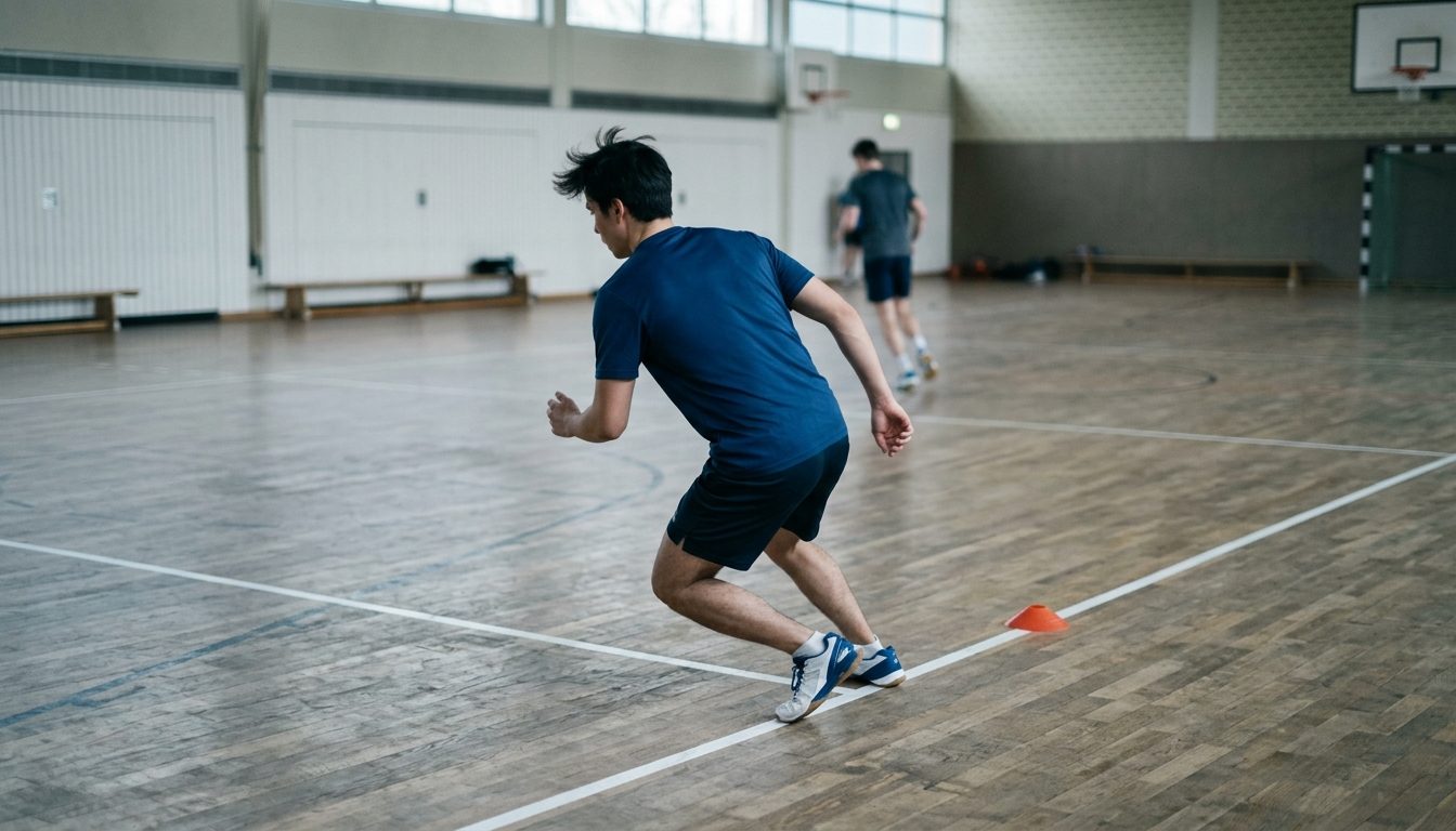 KI-generiertes Symbolbild: Athlet bei der Wende im Shuttle-Run, Thema Shuttle-Run-Test