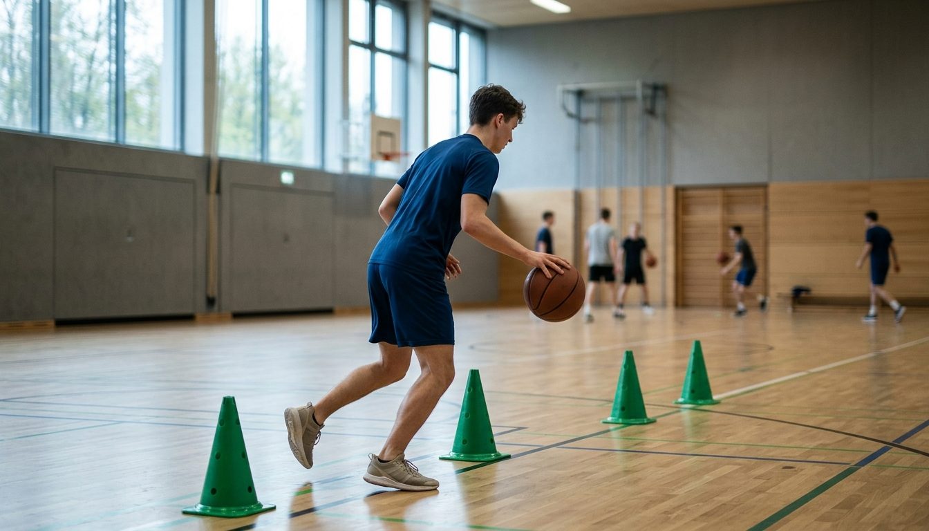 KI-generiertes Symbolbild: Athlet beim Ballparcours zwischen Hütchen, Thema Berner Ballparcours