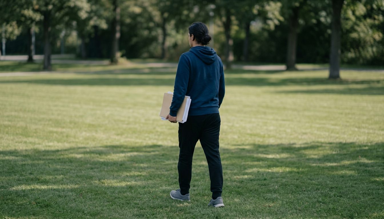 KI-generiertes Symbolbild: Person geht mit Unterlagen über den Campus, Thema Hochschulzugangsberechtigung