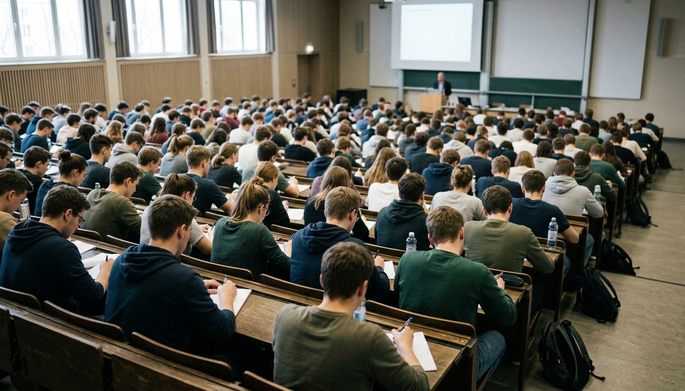 KI-generiertes Symbolbild: Voller Hörsaal von hinten fotografiert, Thema Numerus clausus