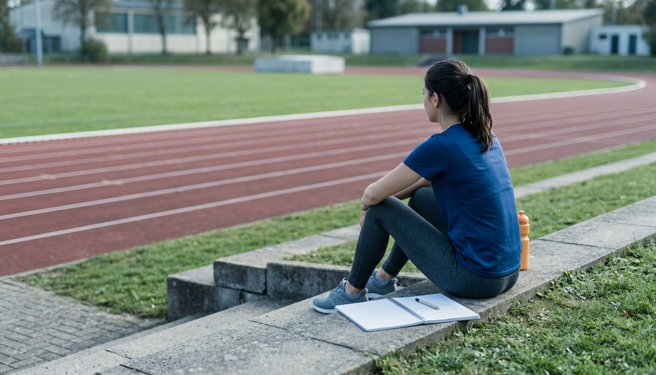 KI-generiertes Symbolbild: Person mit Notizheft am Rand des Sportplatzes, Thema Sportmatura