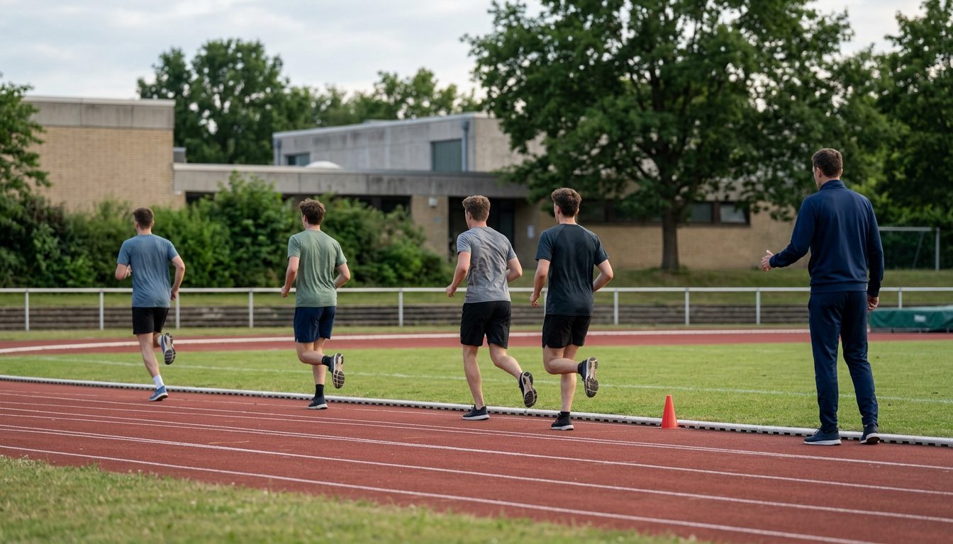 KI-generiertes Symbolbild: Gruppe läuft unter Aufsicht auf dem Sportplatz, Thema Sport-Leistungskurs