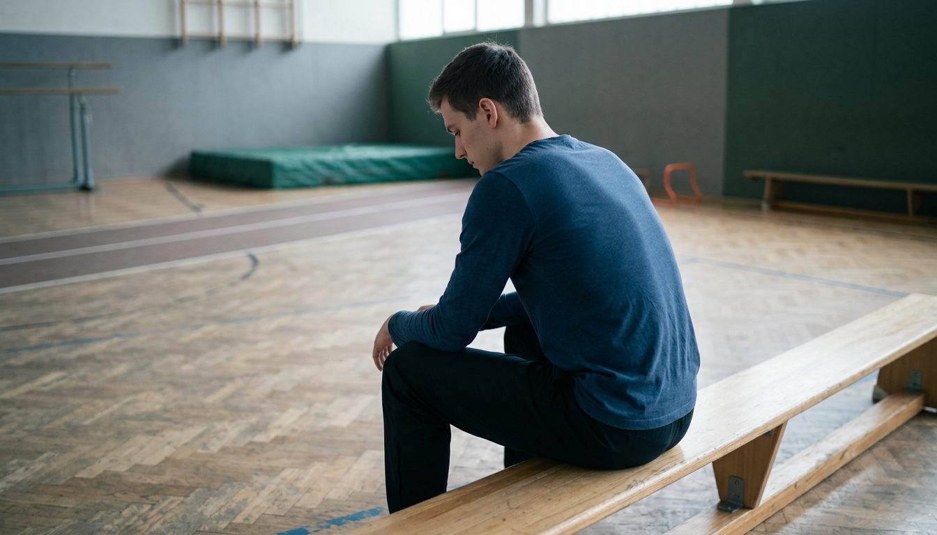 KI-generiertes Symbolbild: Athlet wartet ruhig am Hallenrand, Thema Sporteingangsprüfung