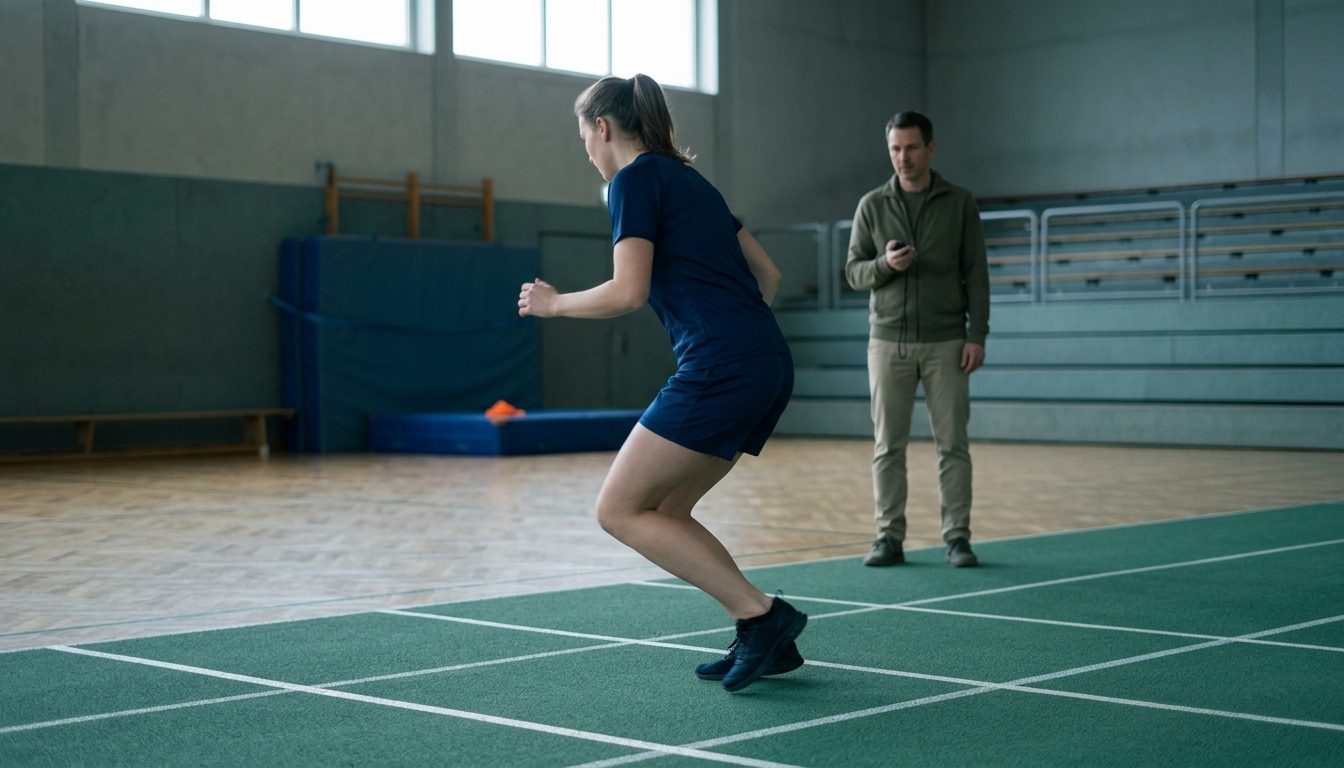 KI-generiertes Symbolbild: Athlet absolviert Agility-Test unter Beobachtung, Thema Studierfähigkeitstest