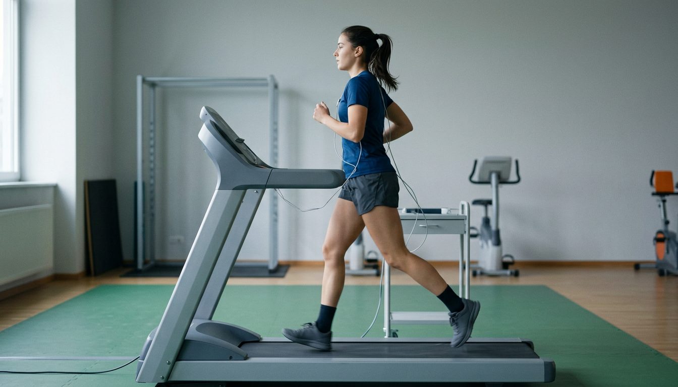 KI-generiertes Symbolbild: Athlet auf dem Laufband im Sportlabor, Thema VO2max