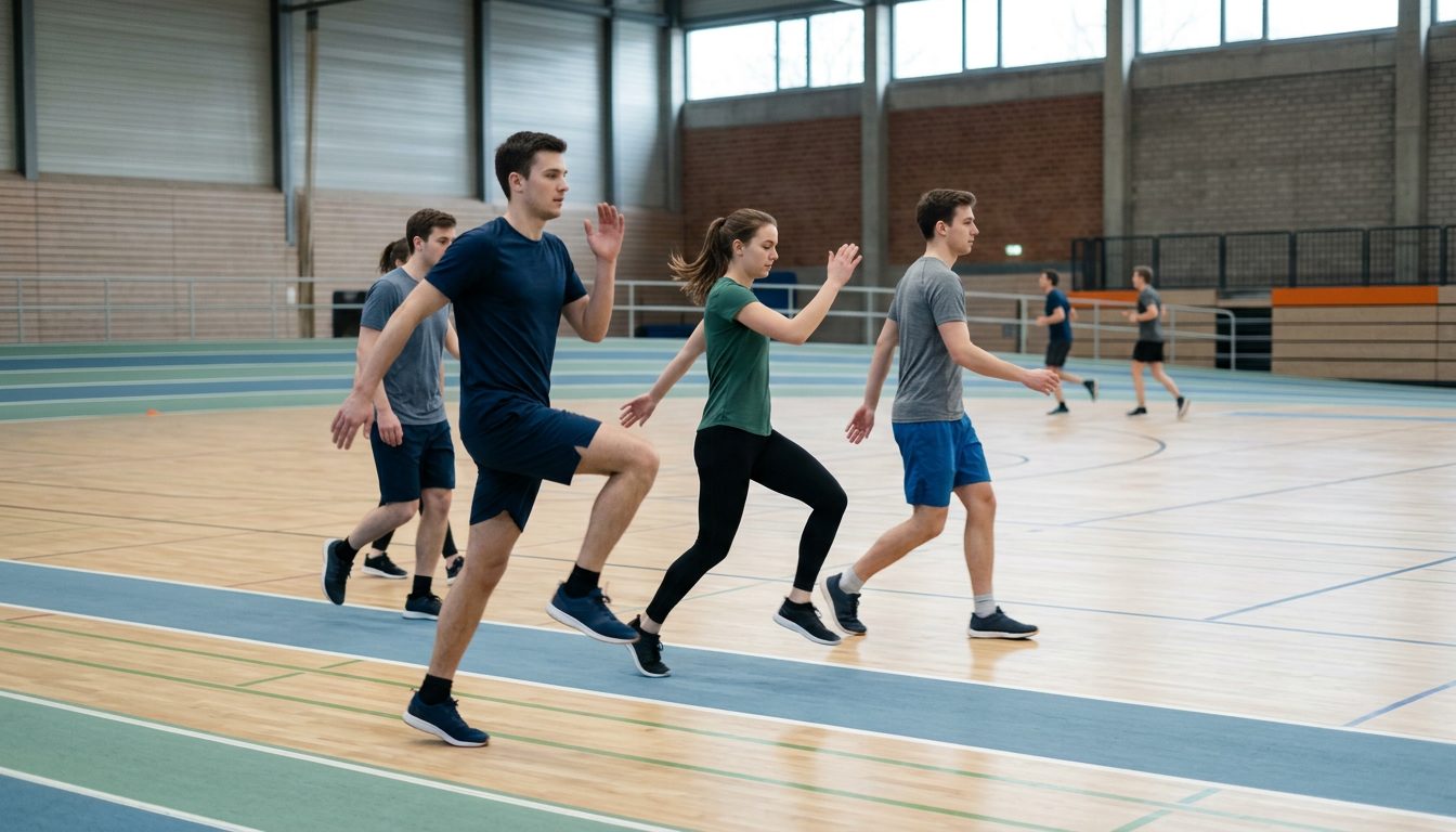 KI-generiertes Symbolbild: Gruppe beim dynamischen Aufwärmen in der Sporthalle, Thema Aufwärmen