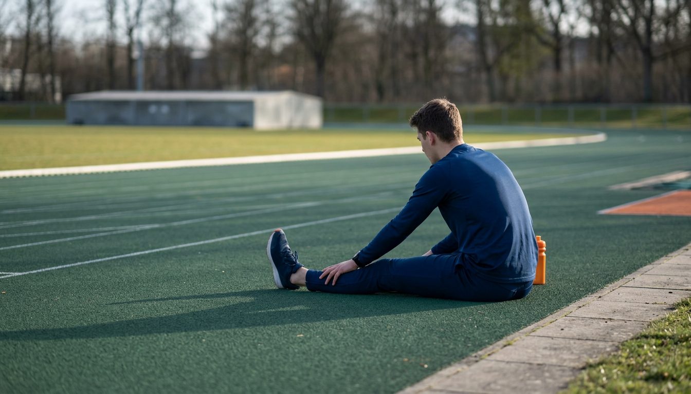 KI-generiertes Symbolbild: Athlet dehnt sich ruhig nach dem Lauf, Thema Cool-down