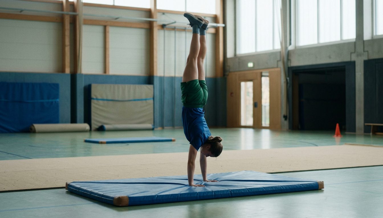 KI-generiertes Symbolbild: Athlet hält Handstand auf der Turnmatte, Thema Handstand