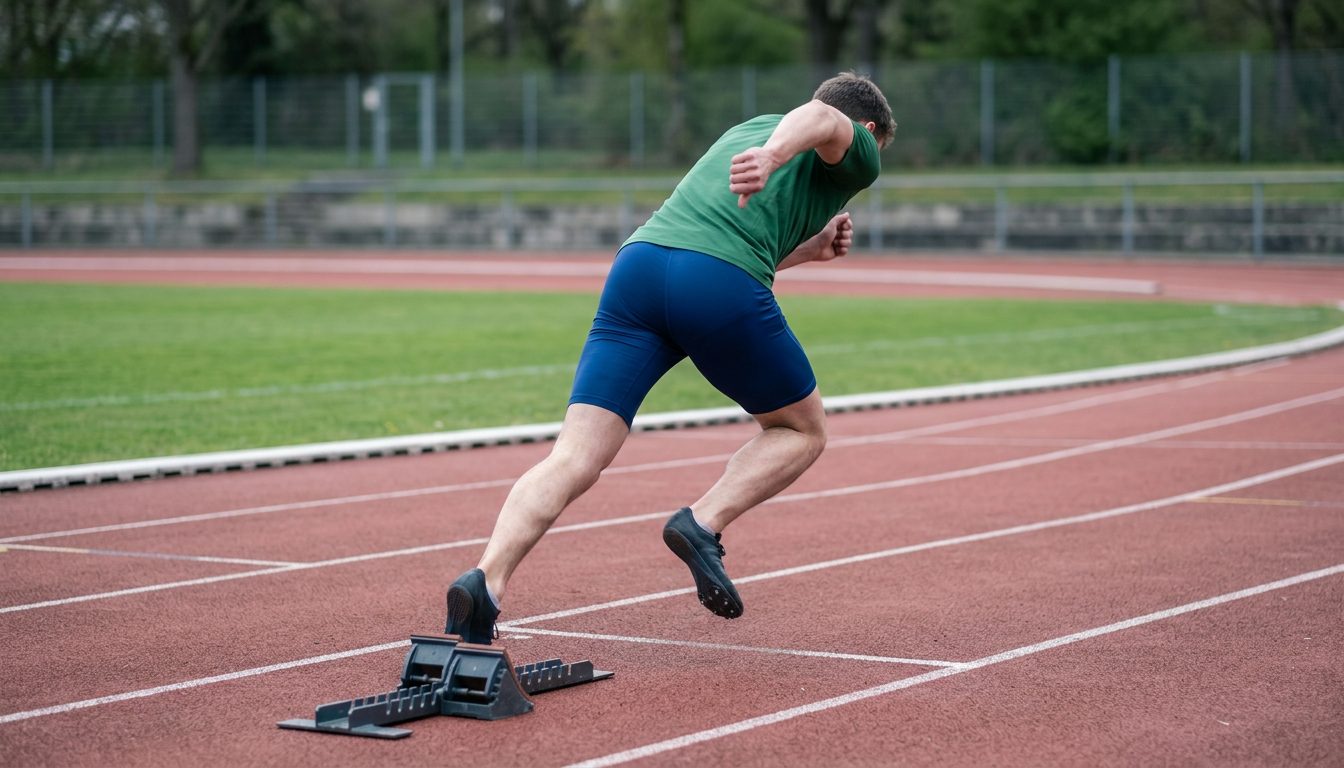 KI-generiertes Symbolbild: Sprinter beim ersten Schritt aus dem Start, Thema Reaktionsschnelligkeit