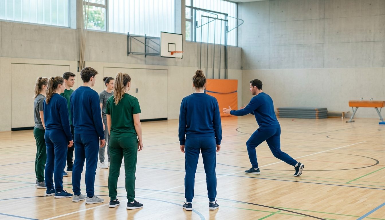 KI-generiertes Symbolbild: Trainer erklärt einer Gruppe eine Übung, Thema Trainerlizenz C