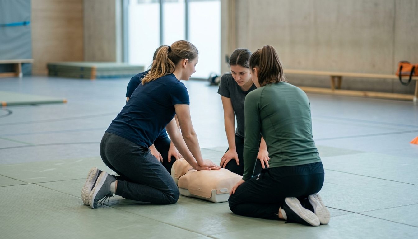 KI-generiertes Symbolbild: Gruppe übt Erste-Hilfe-Technik am Trainingsmodell, Thema Erste-Hilfe-Nachweis