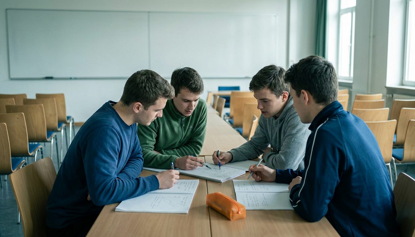 KI-generiertes Symbolbild: Studierende diskutieren im Hörsaal, Thema Sportwissenschaft