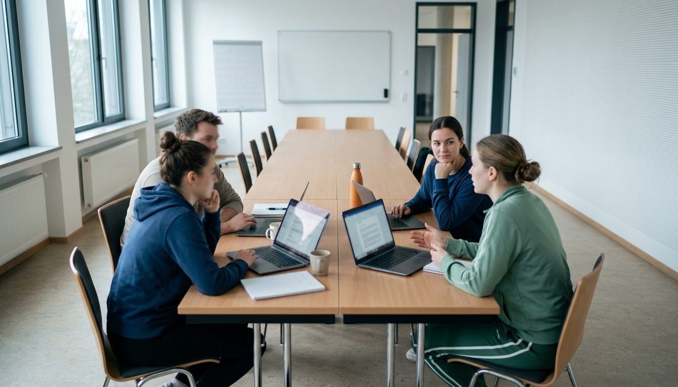 KI-generiertes Symbolbild: Studierende diskutieren am Tisch mit Laptops, Thema Sportmanagement