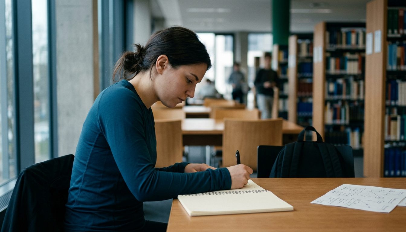 KI-generiertes Symbolbild: Studierende schreibt Notizen in der Bibliothek, Thema Sportökonomie