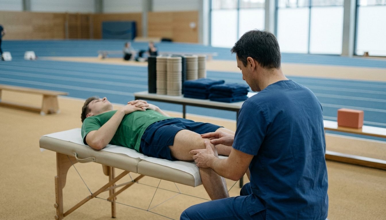KI-generiertes Symbolbild: Untersuchung eines Kniegelenks im Behandlungsraum, Thema Sportmedizin