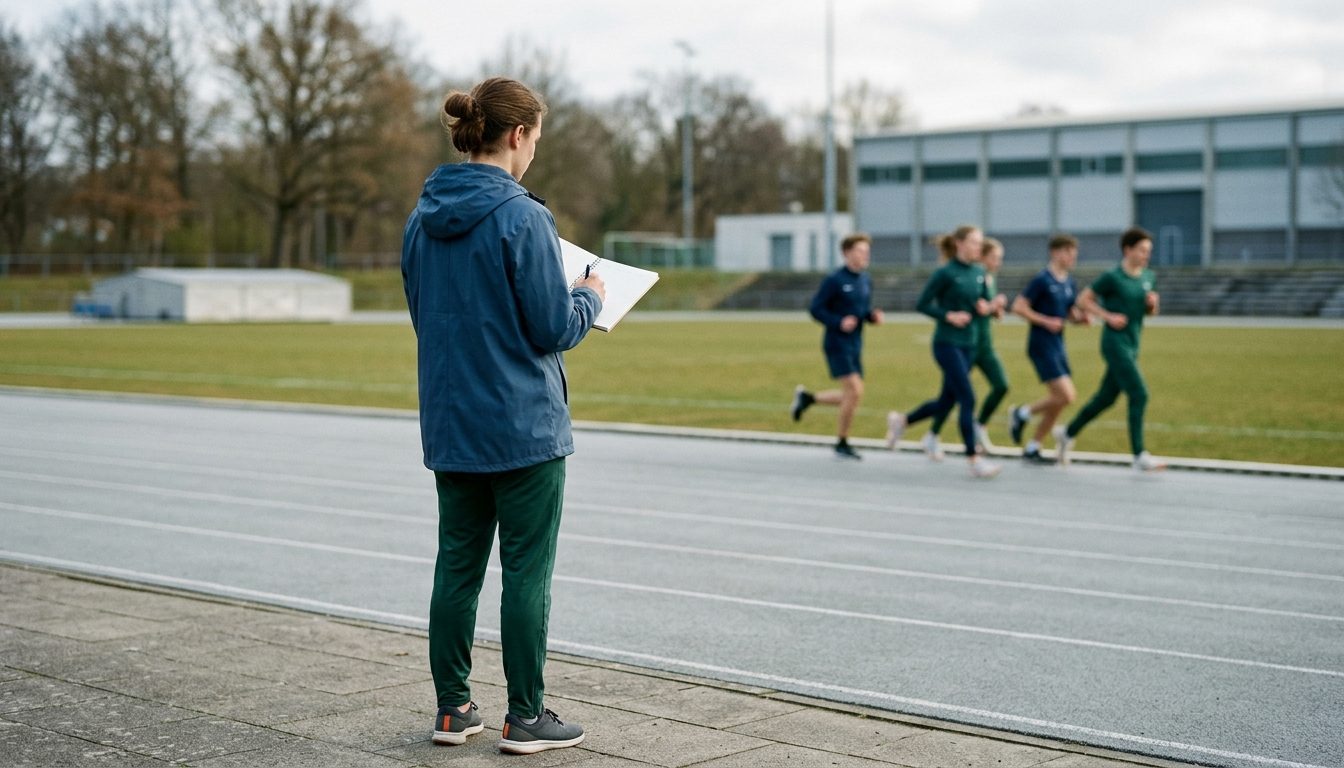 KI-generiertes Symbolbild: Person beobachtet Training mit Notizblock, Thema Sportjournalismus