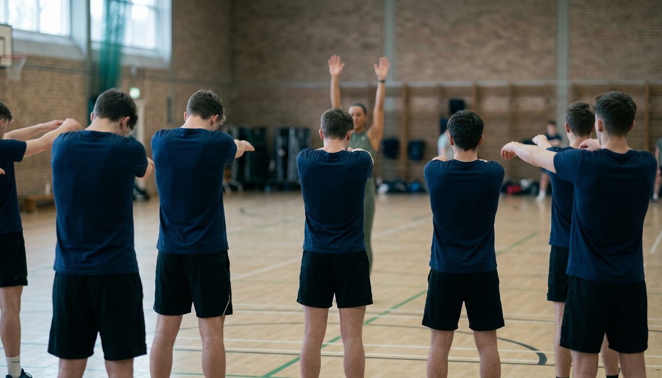 KI-generiertes Symbolbild: Person leitet Aufwärmen einer Gruppe, Thema Lehramt Sport