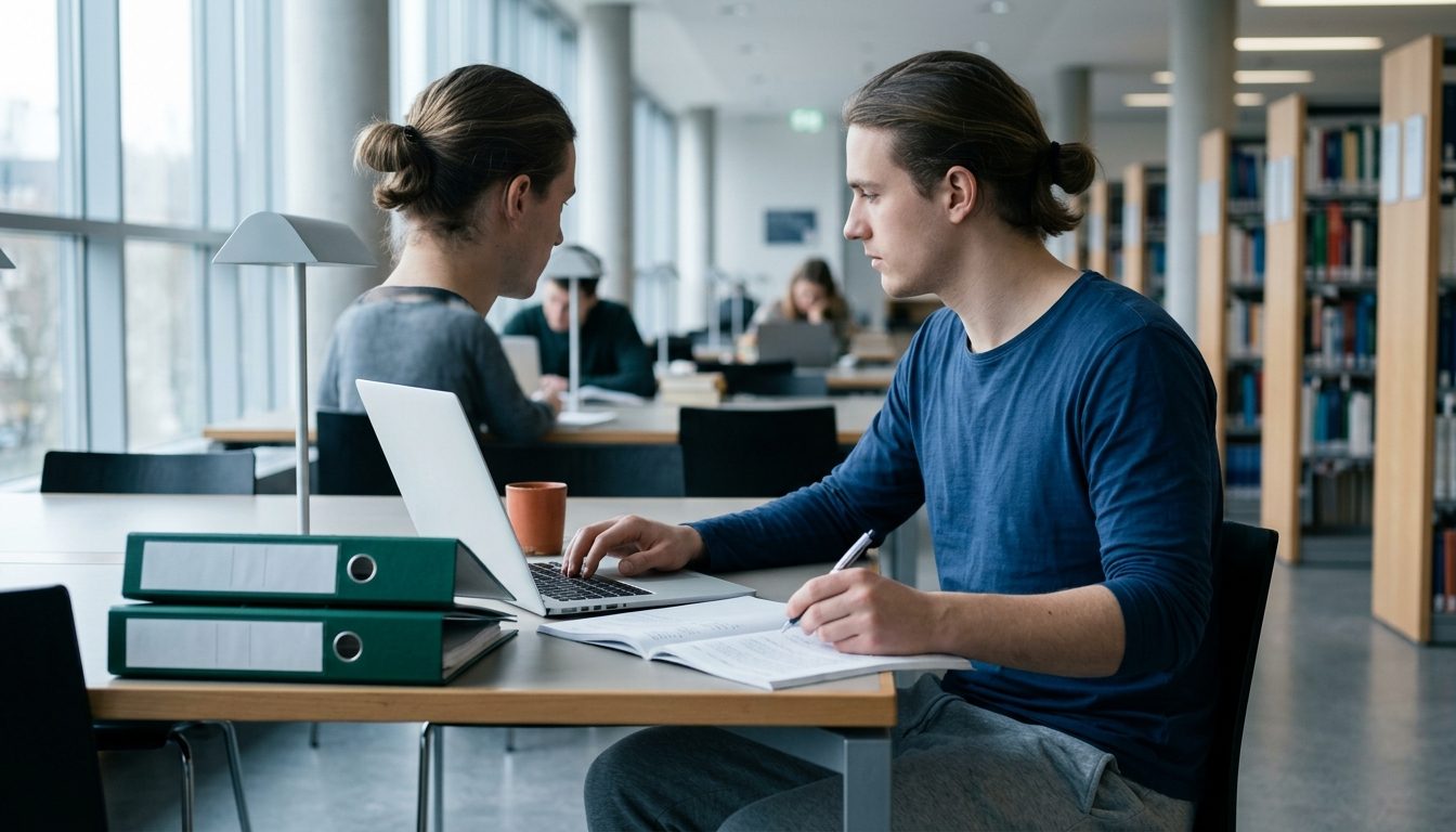 KI-generiertes Symbolbild: Studierende arbeitet mit Unterlagen in der Bibliothek, Thema Bachelor of Education