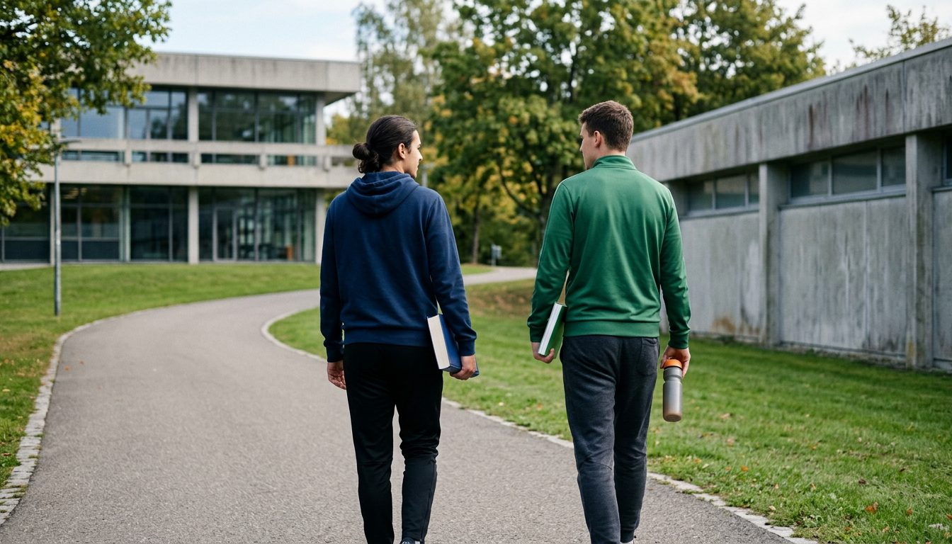 KI-generiertes Symbolbild: Zwei Studierende gehen mit Büchern über den Campus, Thema Zwei-Fächer-Bachelor