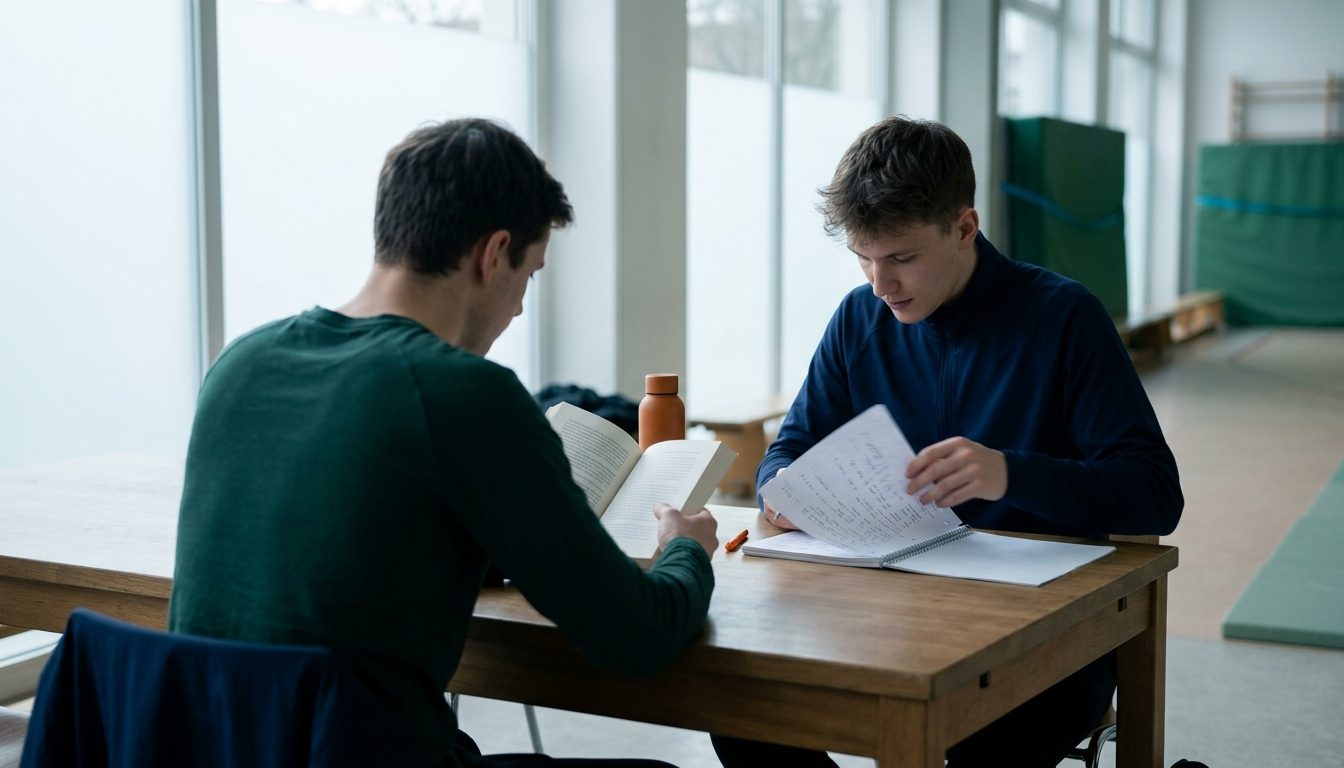 KI-generiertes Symbolbild: Zwei Studierende arbeiten an verschiedenen Fächern, Thema Combined Studies
