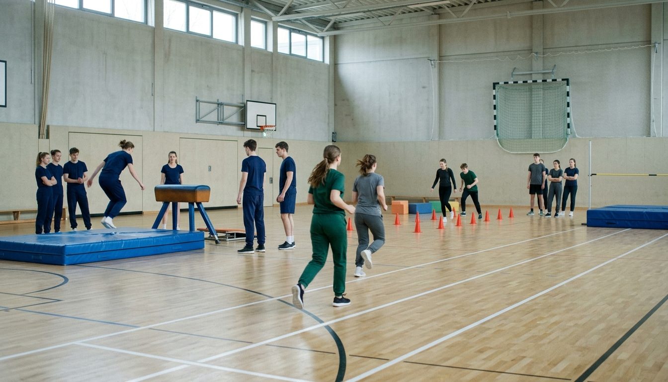 KI-generiertes Symbolbild: Halle mit mehreren Teststationen für den Mehrkampf, Thema Deutsche Sporthochschule Köln