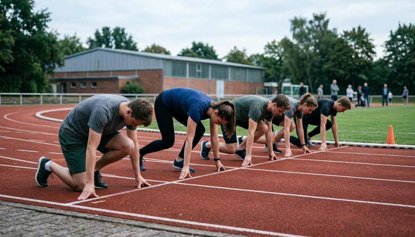 KI-generiertes Symbolbild: Gruppe wartet am Start der Prüfungsbahn, Thema Sportwissenschaft Bochum