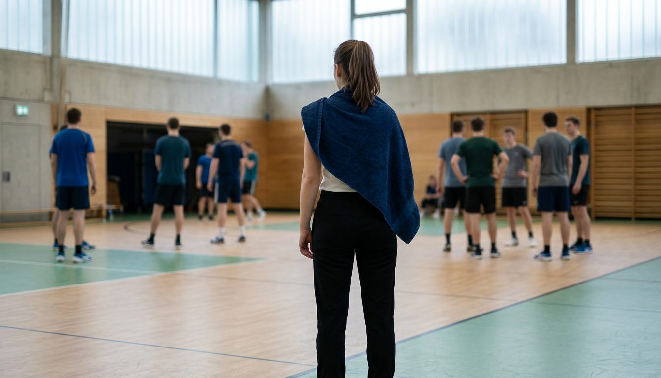 KI-generiertes Symbolbild: Leere Sporthalle mit mehreren Prüfungsstationen, Thema Nachtermin