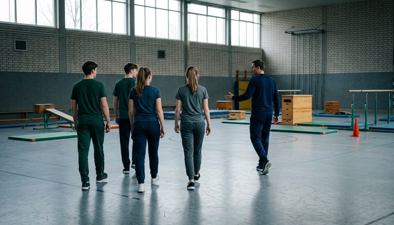 KI-generiertes Symbolbild: Gruppe folgt einem Trainer am Morgen durch die leere Sporthalle, Thema Übungstag