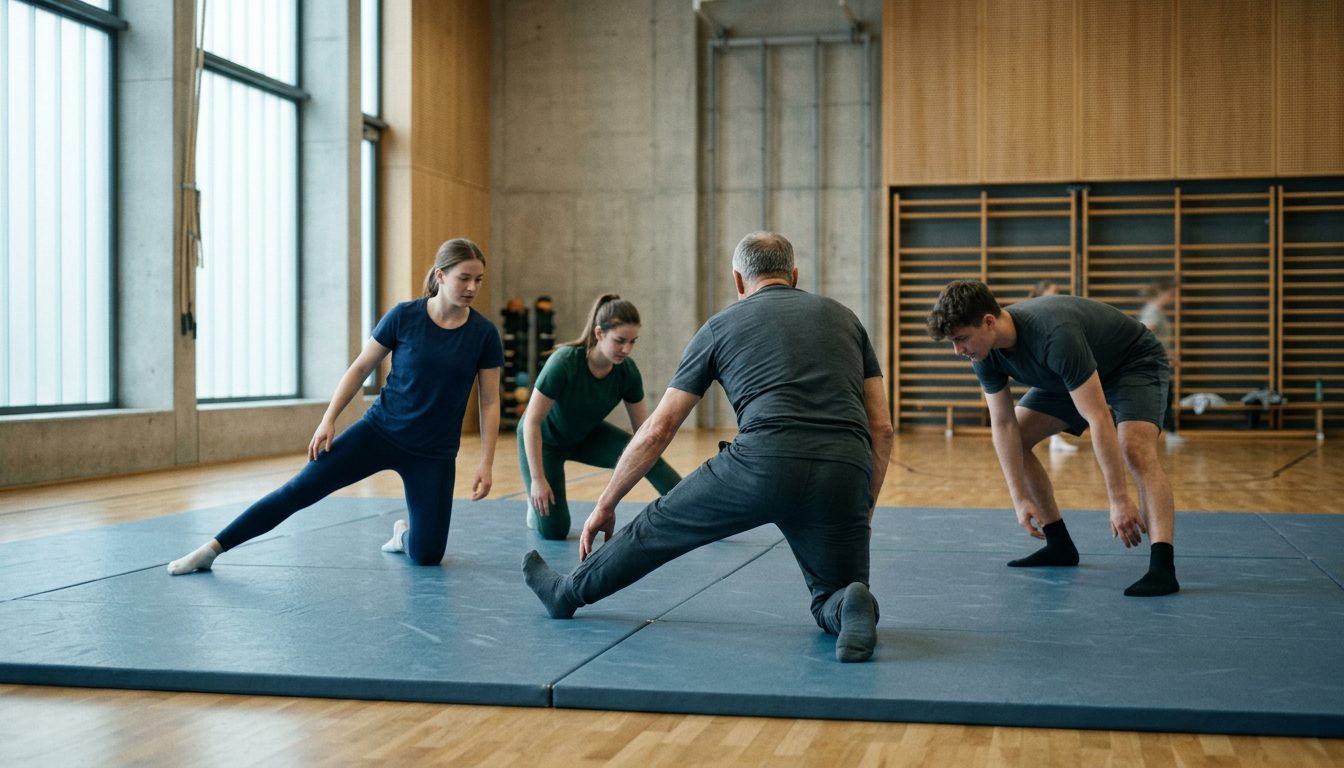 KI-generiertes Symbolbild: Trainingsgruppe übt am Nachmittag unter Anleitung eines Trainers, Thema Vorbereitungskurs