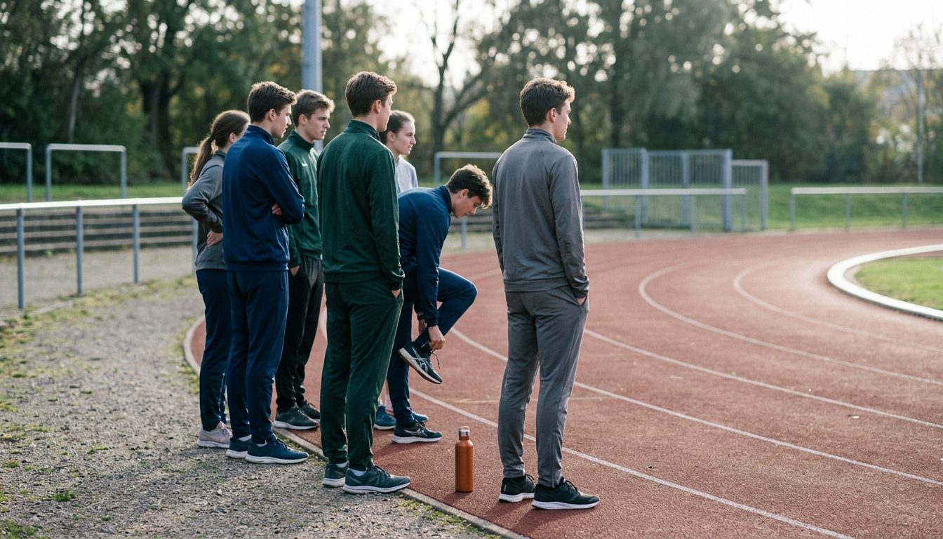 KI-generiertes Symbolbild: Gruppe wartet am Nachmittag still am Rand der Laufbahn, Thema Durchfallquote
