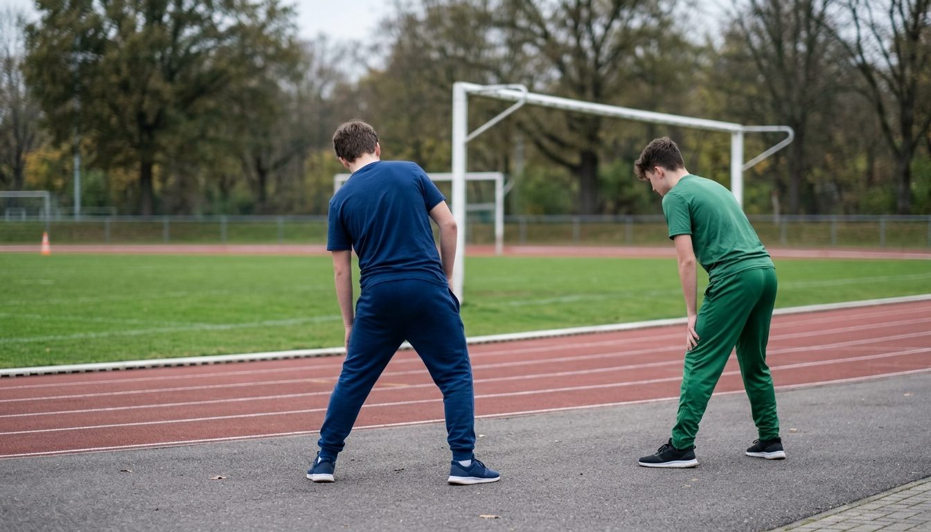 KI-generiertes Symbolbild: Zwei Jugendliche dehnen sich vor dem Sportunterricht im Freien, Thema Sportabitur