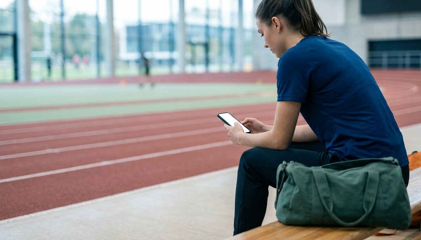 KI-generiertes Symbolbild: Junge Frau sitzt mit Handy auf einer Bank an der Bahn, Thema Anmeldung Fristen