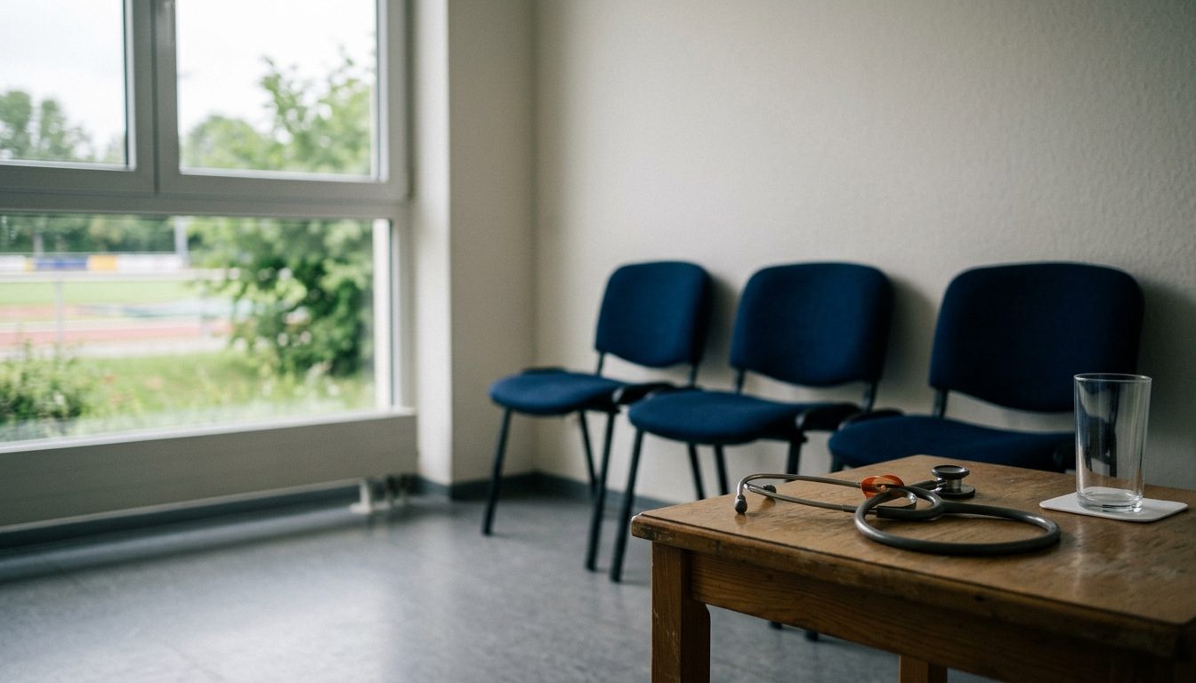 KI-generiertes Symbolbild: Ruhiger Wartebereich einer Arztpraxis mit Stethoskop im Vordergrund, Thema Attest