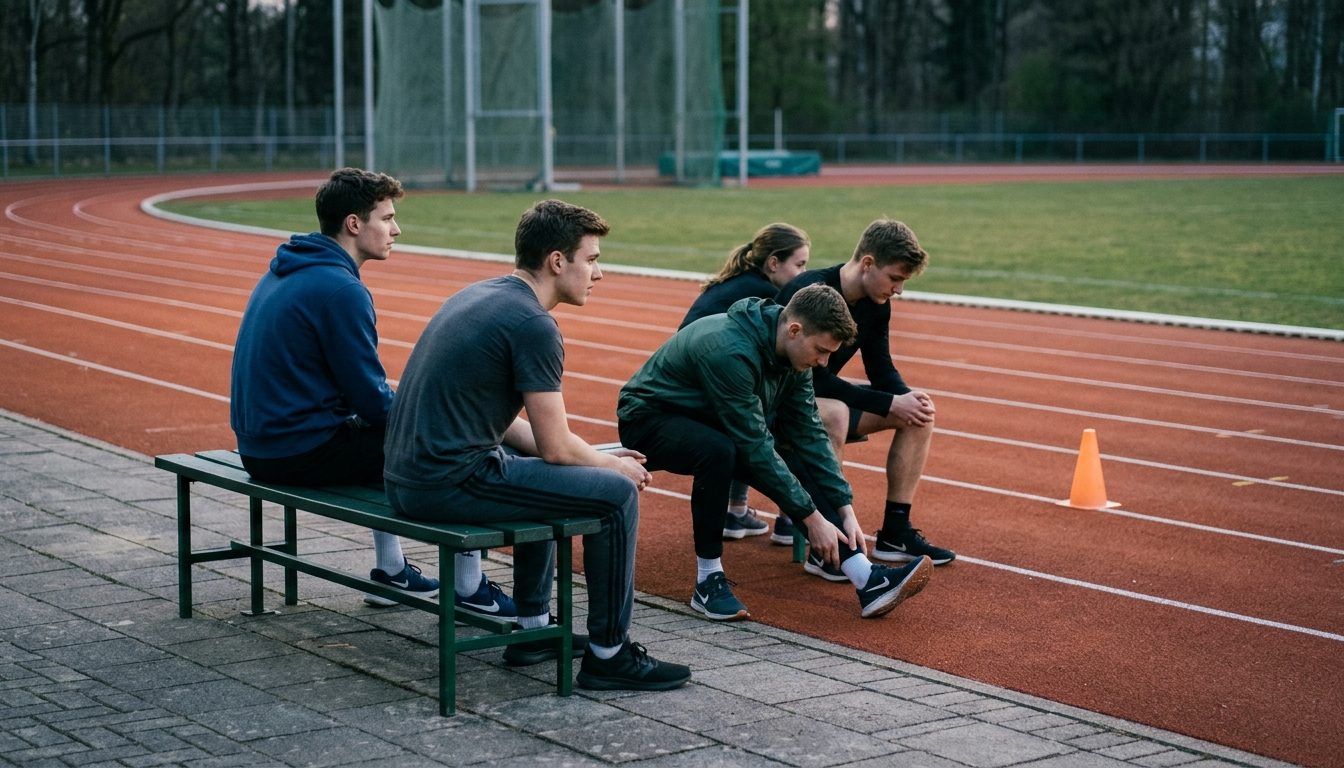 KI-generiertes Symbolbild: Gruppe sitzt am Abend auf der Bank an der leeren Bahn, Thema Durchfallquote Regeln