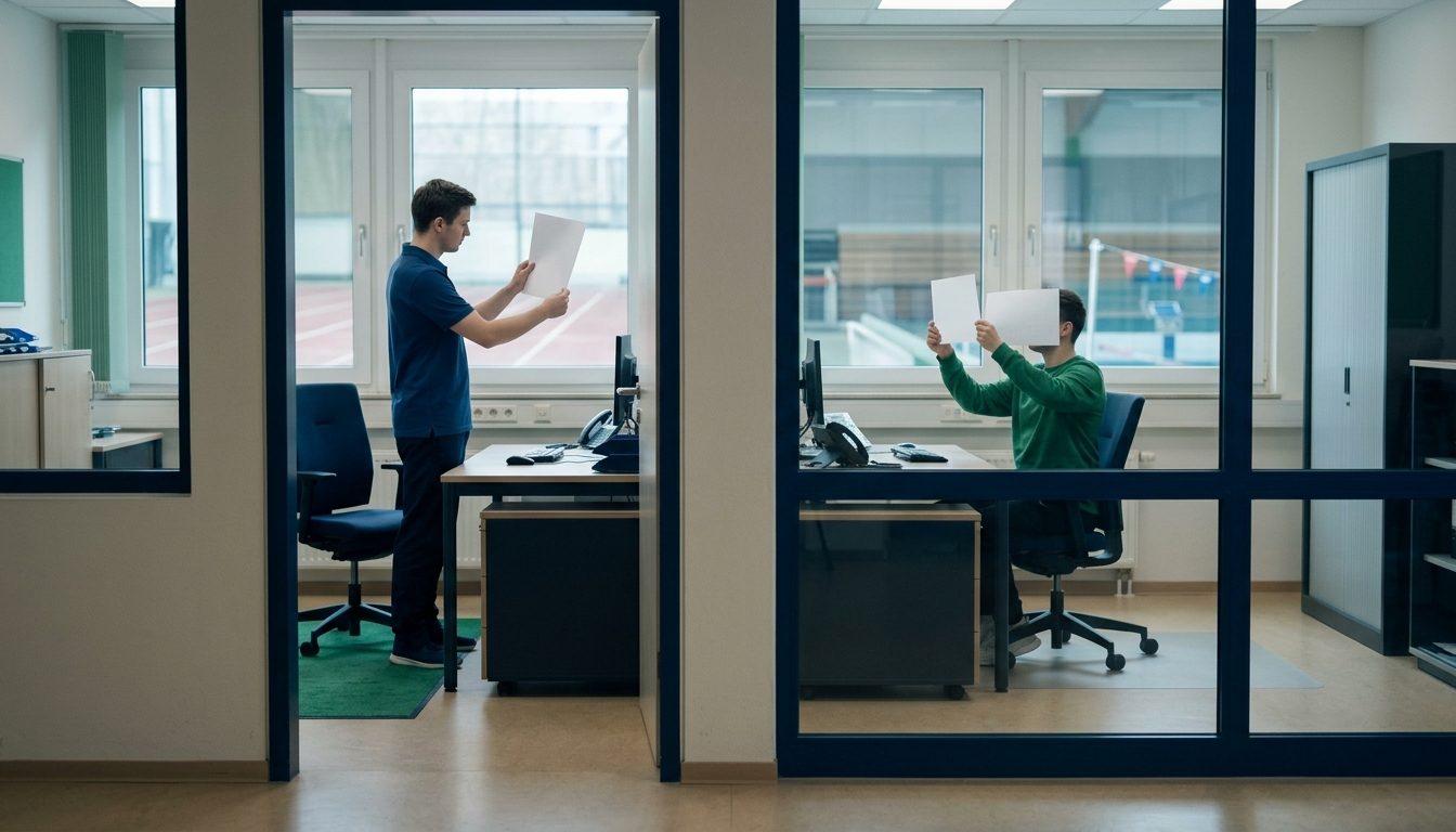 KI-generiertes Symbolbild: Zwei Mitarbeitende vergleichen an getrennten Schreibtischen Dokumente, Thema Anerkennung