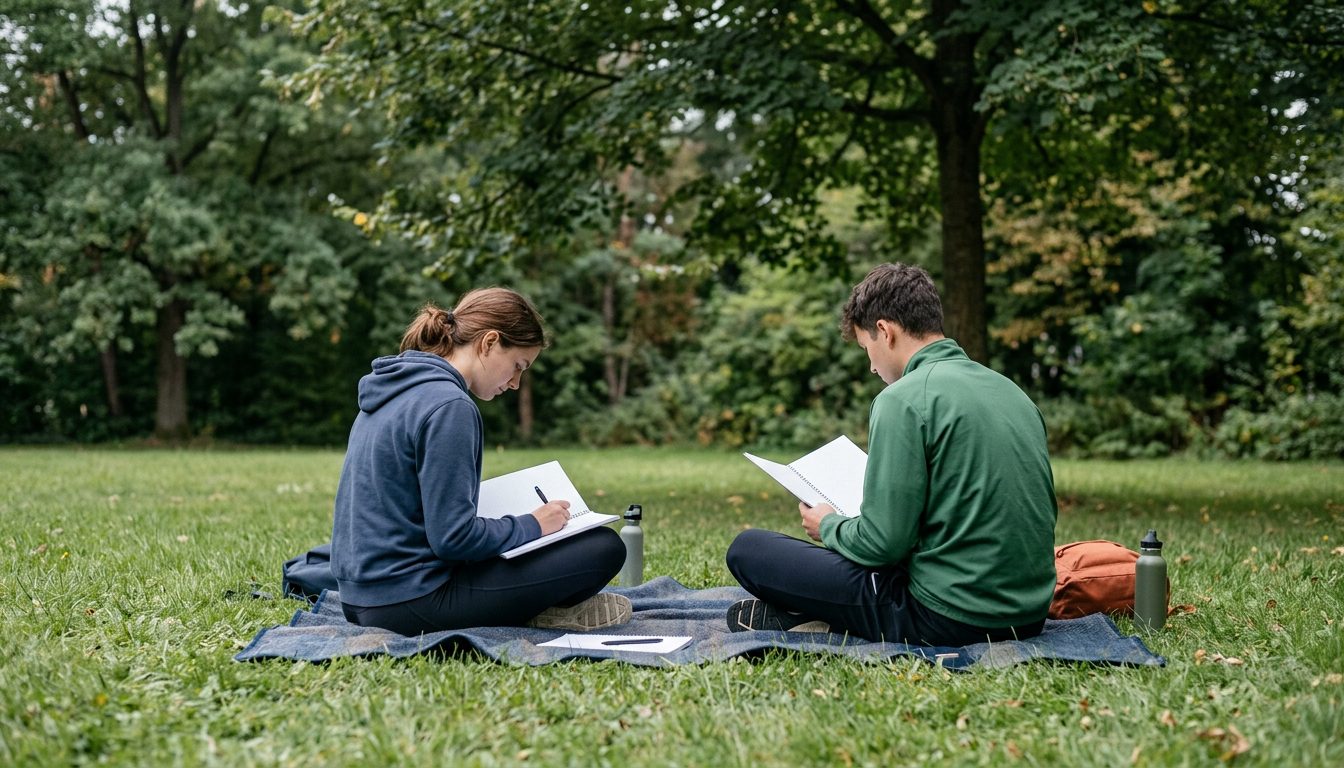 KI-generiertes Symbolbild: Zwei Studierende sitzen mit Notizheften auf der Campuswiese, Thema ohne Eignungstest